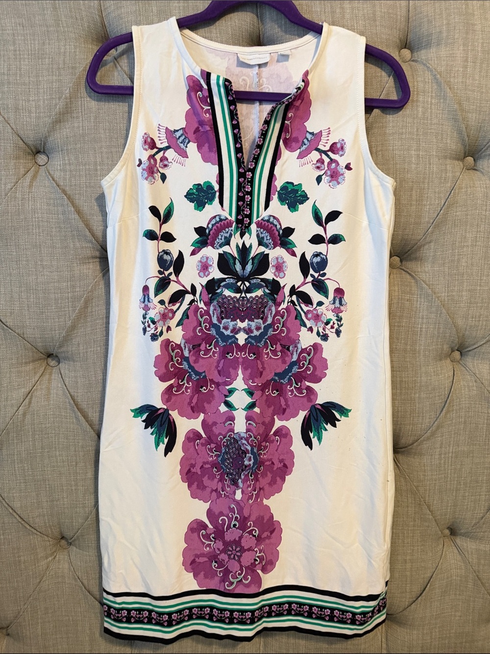 New York & Company White Dress with Purple Floral and Green Stripes
